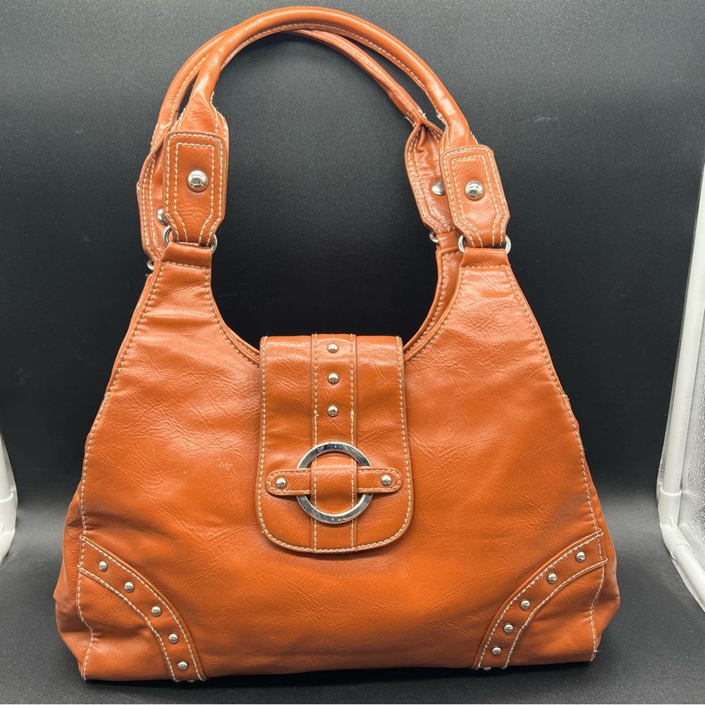 St Johns Bay Cognac Faux Leather Shoulder Bag Tote Studded Ring Detail Purse